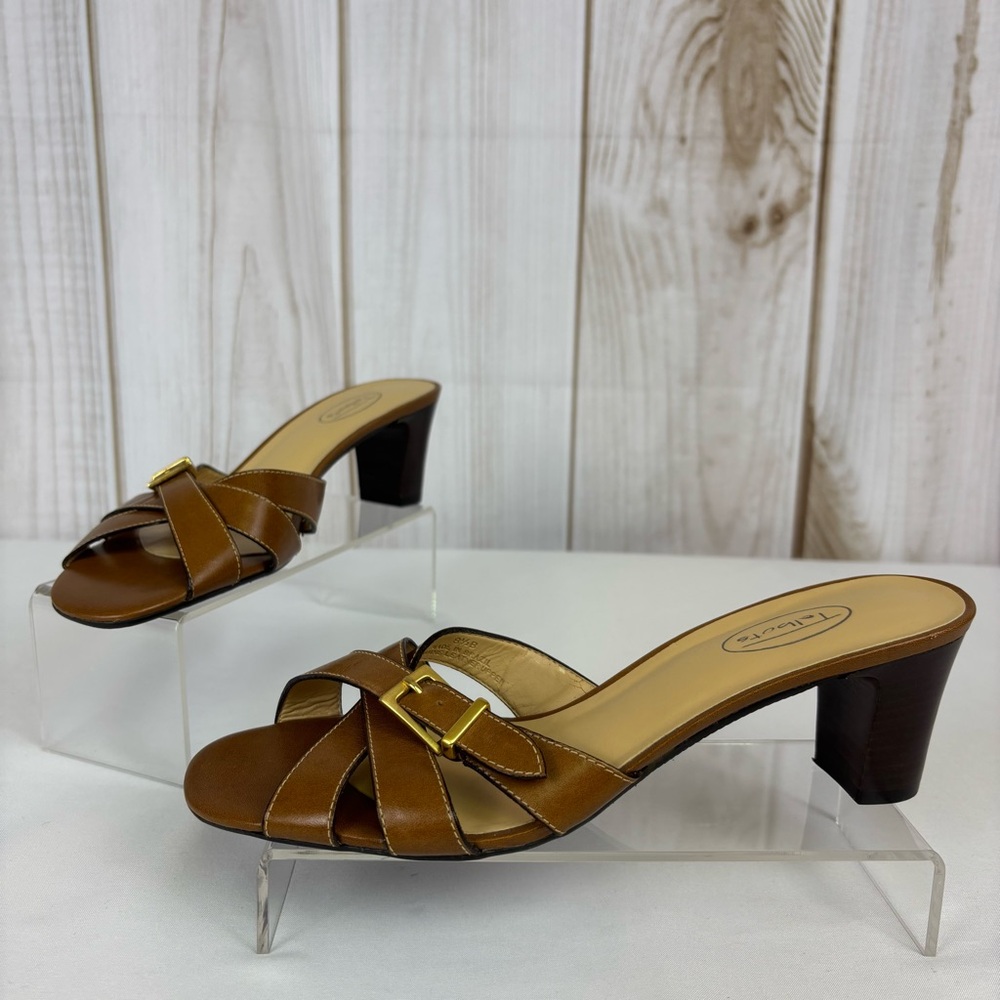 Talbot Leather Sandals Timeless Buckle Strappy Comfort Heel Slides Brown Sz 8.5